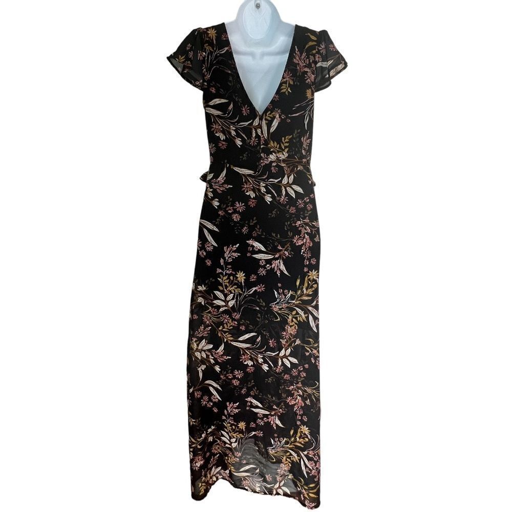 Japna Black Floral Midi Boho Cottagecore Flutter Sleeve Romantic Flowy Dress S - Picture 5 of 11